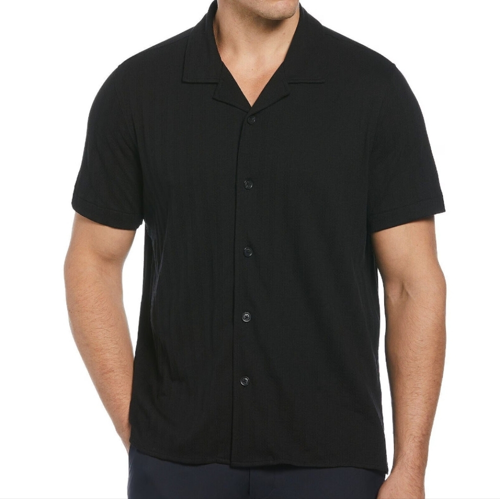 Black Textured Striped Jacquard Short Sleeve Casual Button Down Shirt